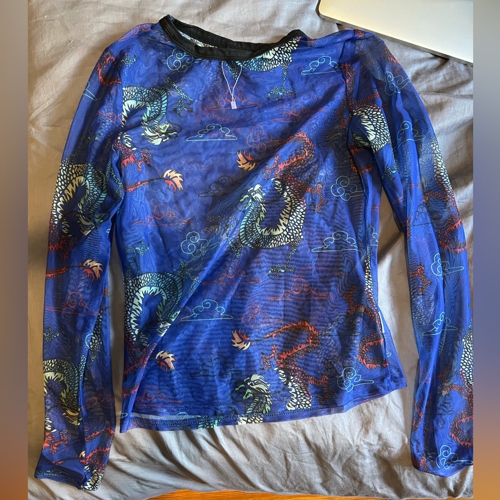 Sheer mesh electric blue Chinese dragon print long sleeve top